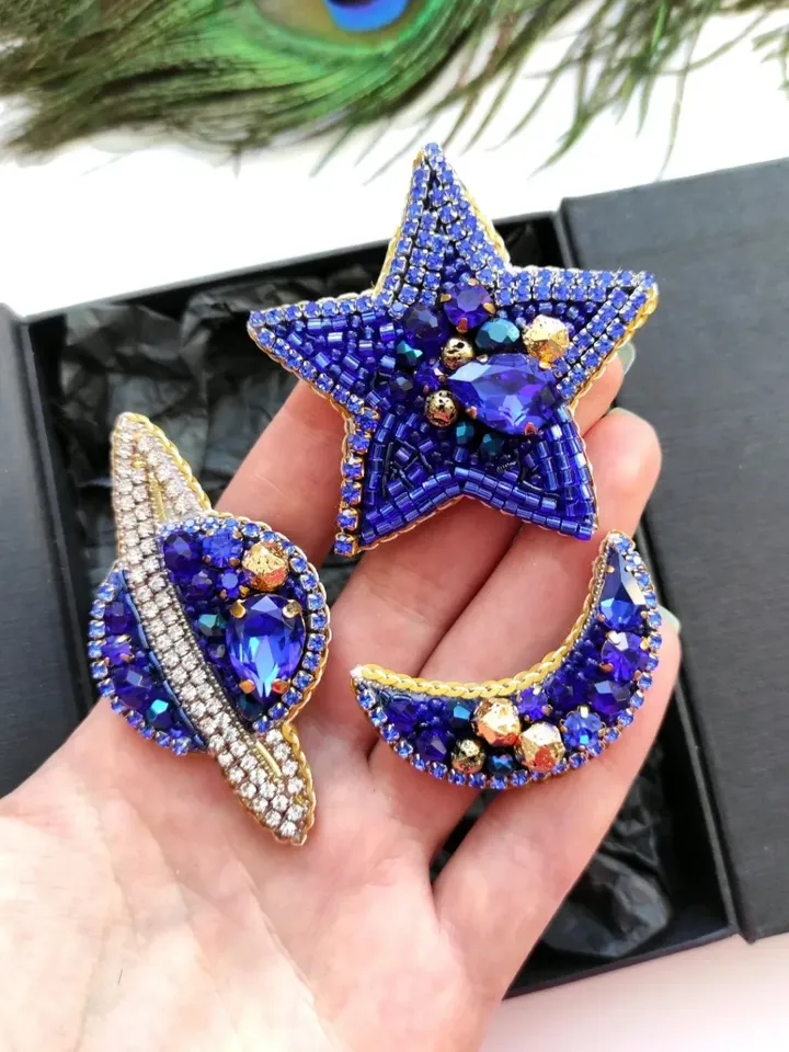 Set of brooches, star brooch, moon brooch, Saturn brooch, space pin, planet brooch, star and moon brooch, jewelry set