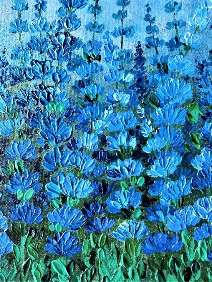 Flower painting blue, Painting of wildflowers, 3d landscape painting, Textured wall art, Vertical landscape painting