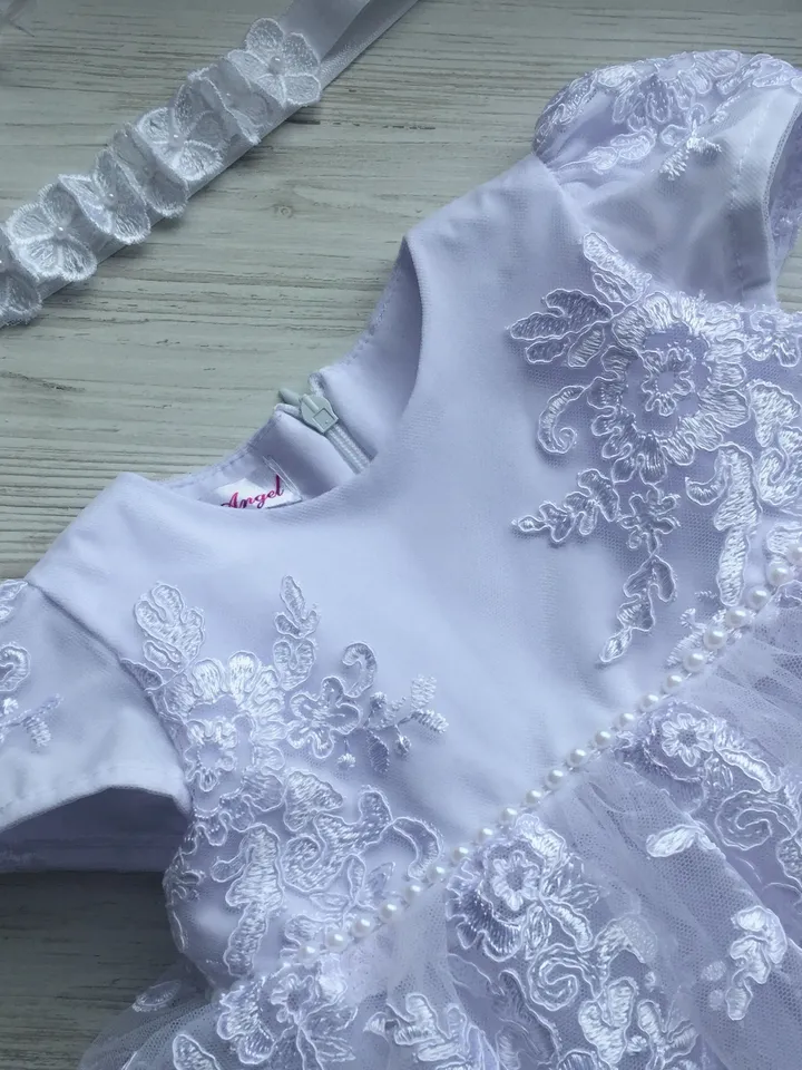 White dress with lace, pearls, 3d flowers and headband with 3d flowers. Baptism dress for baby girl. Christening gown for girl.