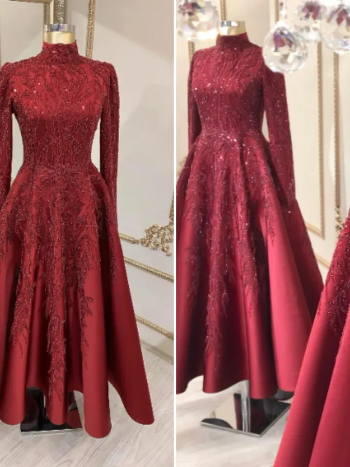 AHUNARE HIJAB - Ela  Burgundy Embroidered Wedding Dress, Mu slim Evening Gown, Nikah, Islamic Wedding, Engagement, Bridesmaid,