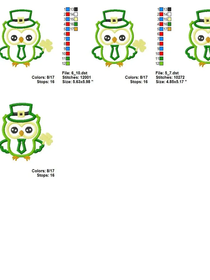 St_Patrick's Day Owl Green Hat with Shamrock Patrick's Boy Applique Design for Machine Embroidery