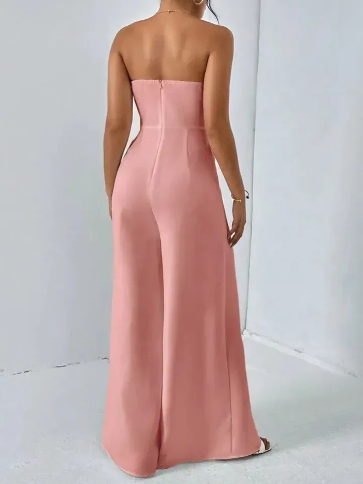 Pink Solid Notched Neck Sleeveless Strapless Split Thigh Leg Tube Jumpsuit Women Ladies Casual Party Evening