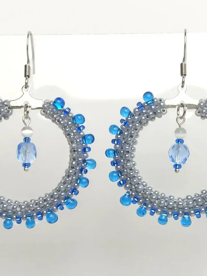 Ring earrings with blue beads drops large fashionable earrings