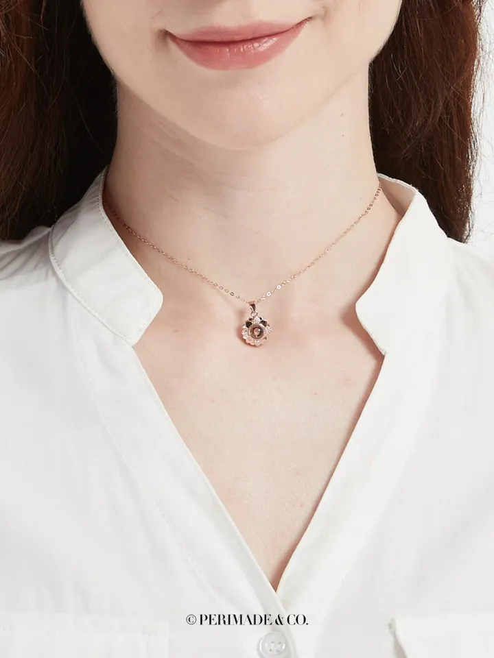 PERIMADE Love Heart Projection Necklace • One Hundred Languages Jewelry • Custom Memorial Photo Pendant • Trendy Best Friend Gift