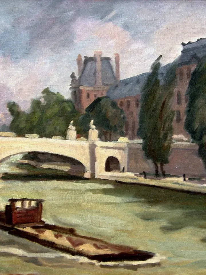 Large Paris Landscape Painting - The Seine/Pont du Louvre/1984- 20x24 Oil on Canvas, Plein Air Impressionist Cityscape, Original Fine Art