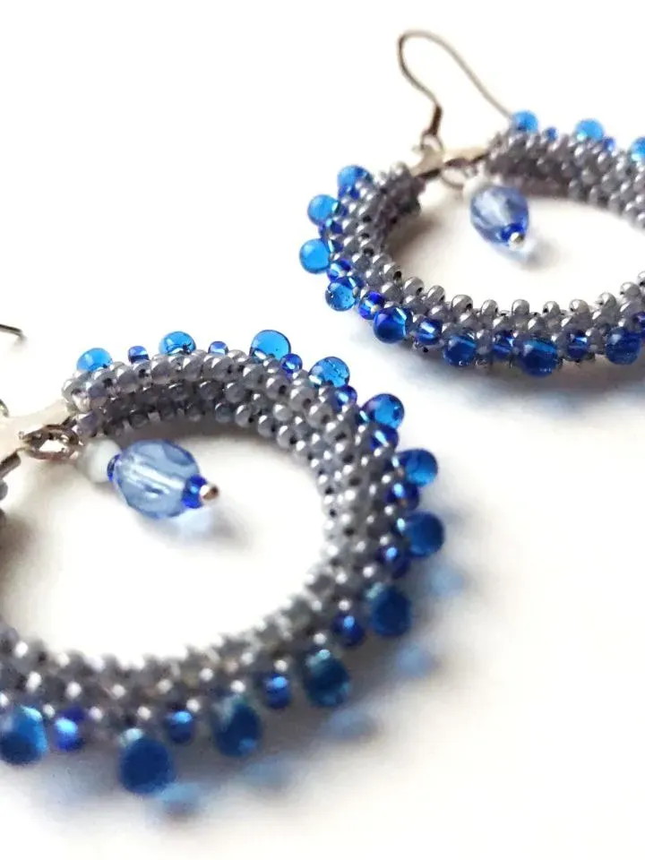 Ring earrings with blue beads drops large fashionable earrings