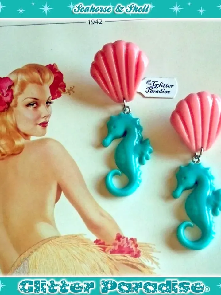 Fakelite SeaHorse and Shell Ivory & Sand - Earrings - Under the Sea - Sea Life - Ocean Lover - Mermaid - Seahorse Brooch - Glitter Paradise®