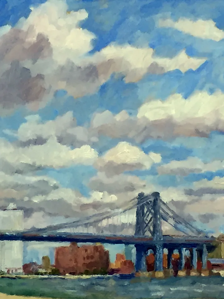 New York City Landscape Painting -Williamsburg Bridge/NYC Summer Sky- 11x14 Oil on Panel, Contemporary Impressionist Fine Art