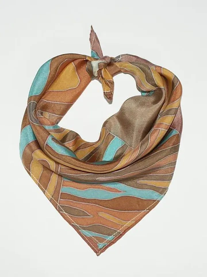 Brown with turquoise silk scarf hand painted batik Small square silk scarves