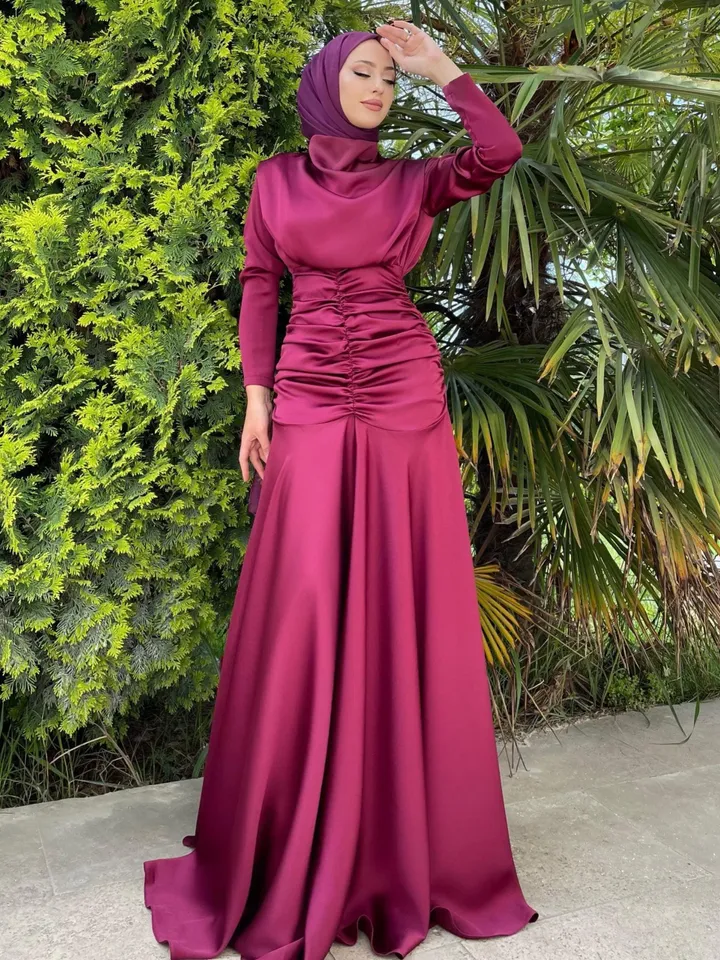 AHUNARE HIJAB - Dilara Cherry Satin Bridesmaid Dress, Muslim Evening Dress, Islamic, Engagement, Bridesmaid,, Prom Dresses,Long Dress,