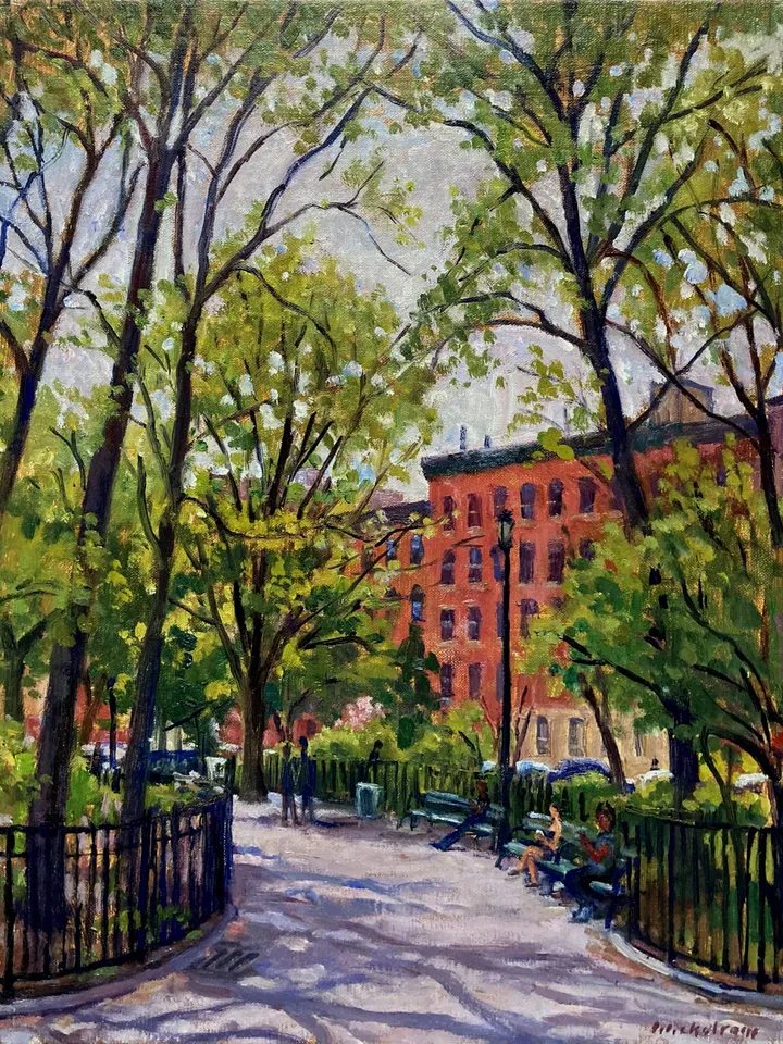 New York Cityscape Painting - From Tompkins Square Park/East Village NYC - 14x18 Oil on Canvas, Impressionist Landscape, Signed Original