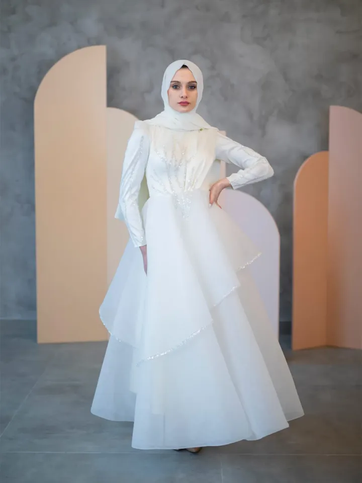 AHUNARE HIJAB - Seçil White Embroidered Wedding Dress, Muslim Evening Gown, Nikah, Islamic Wedding, Engagement, Bridesmaid,