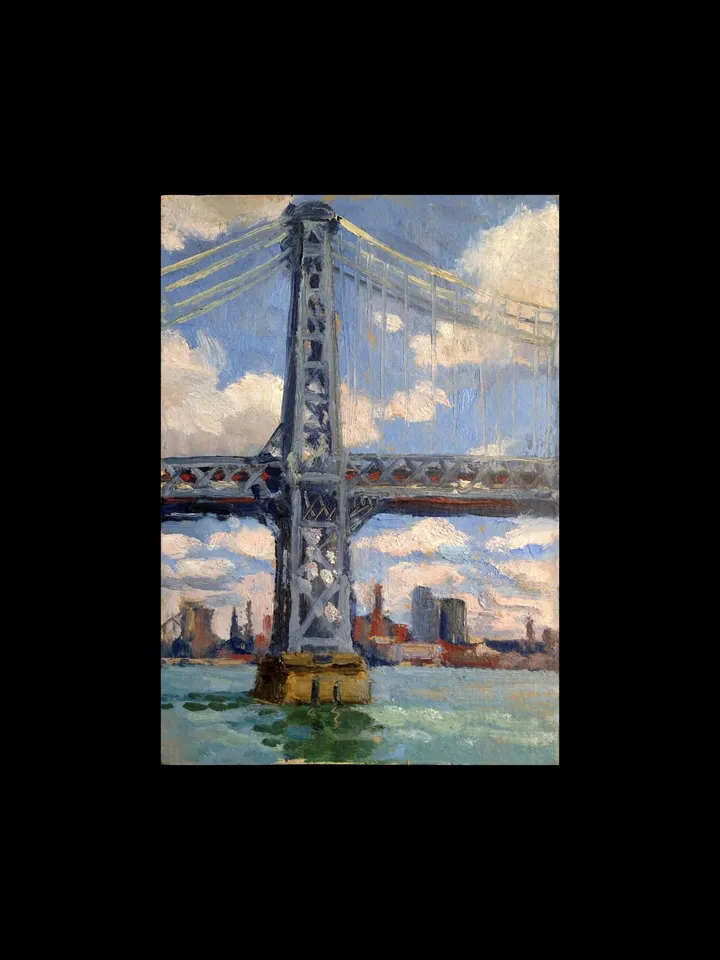 New York Cityscape Painting - Blue Sky/Williamsburg Bridge/NYC - 5x7 Oil on Panel, Urban Impressionist Fine Art, Signed Original