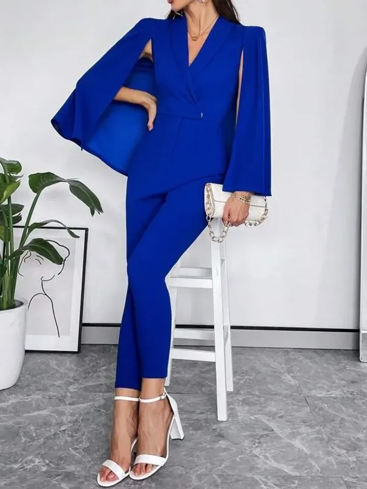 Elegant Blue Shawl Collar Cloak Sleeve Skinny Jumpsuit Pants Shirt Women Ladies Casual