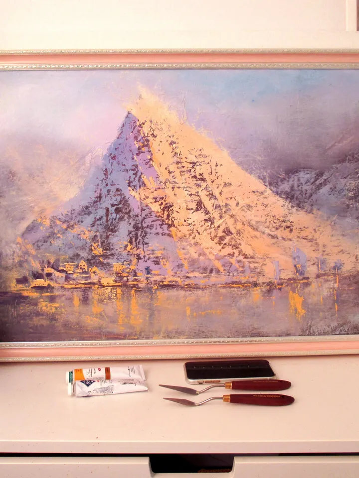 Norway Painting "LOFOTEN SNOW" Original Oil Painting on Canvas, Nordic Fjord Mountain Art by "Walperion Paintings"