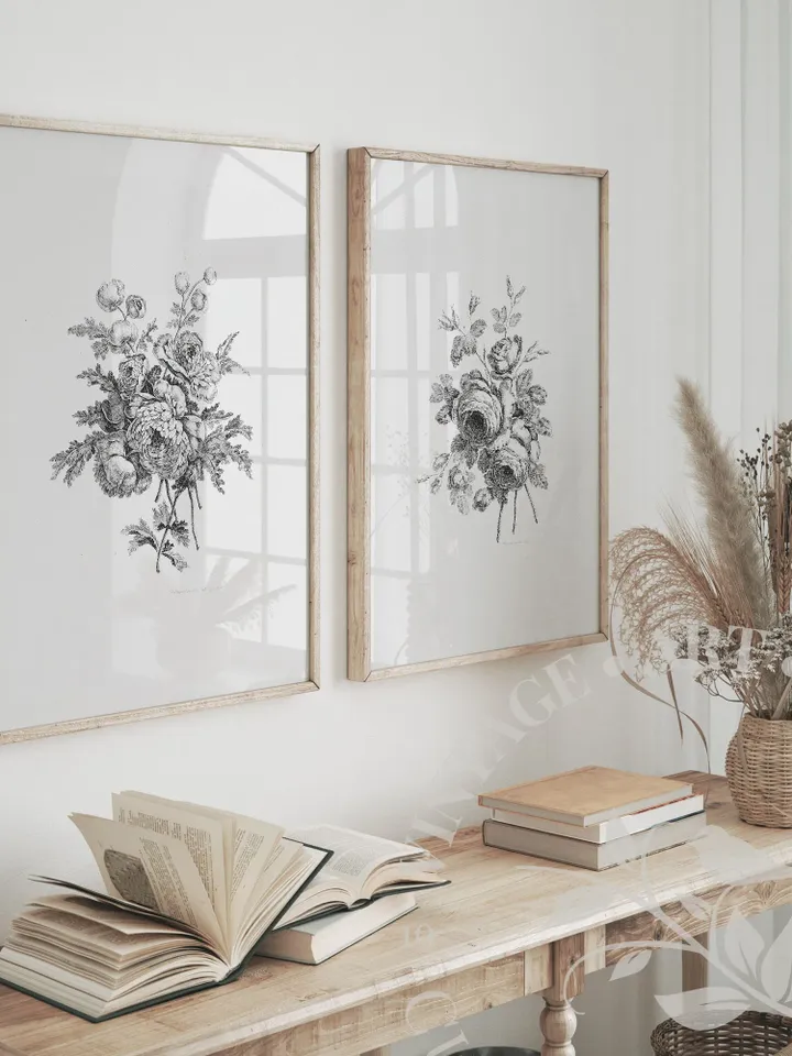 Botanical Print Set of 2 Sketches, Vintage Prints Neutral Floral Art, Large PRINTABLE Antique Farmhouse Decor, Downloadable | 190