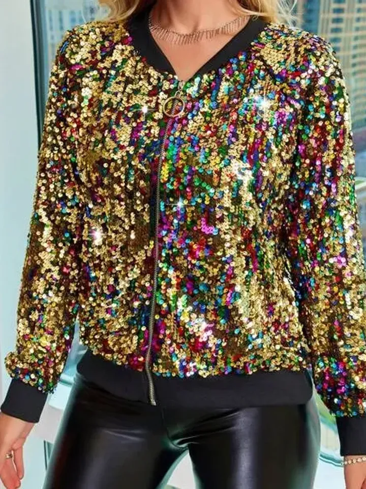 Colorful Sequin Baseball Collar Long Sleeve Zip Up Bomber Jacket Coat Outerwear Clubwear Festival Party Xmas Christmas