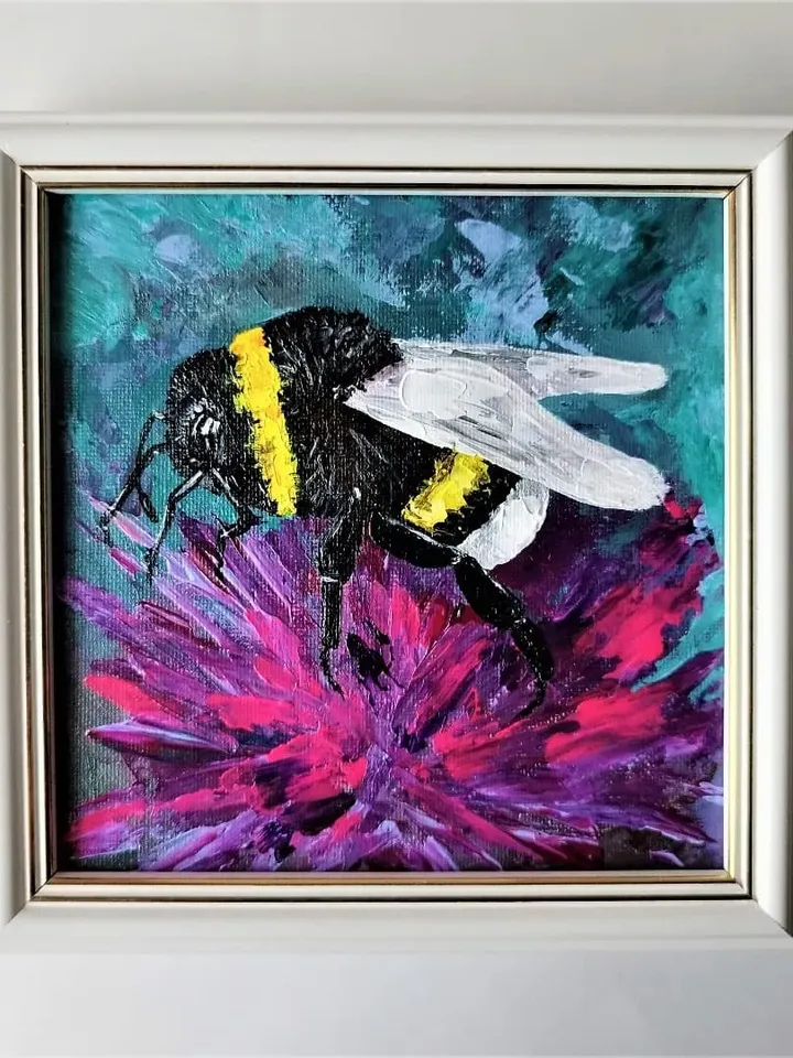Bumblebee wall art painting insect artwork aster flower pink
