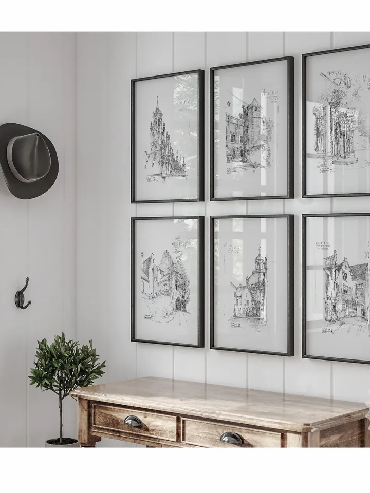 Vintage Architecture Sketch Art, Gallery Wall Set Of 6, Antique Cityscape Drawing, Printable Downloadable | S6-4