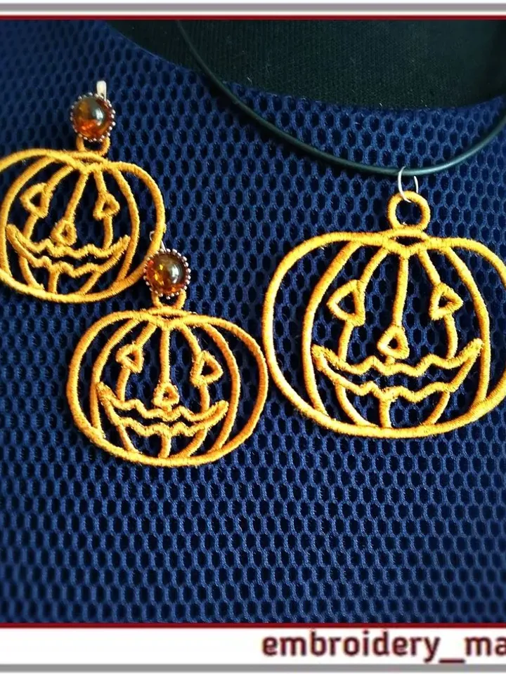In the hoop FSL embroidery pumpkin pendant earrings Key fob