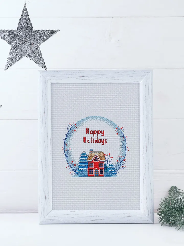 Christmas Cross Stitch Pattern, Happy Holidays Modern X-Stitch Pattern, Winter City, Cross Stitch Chart, Instant Download PDF