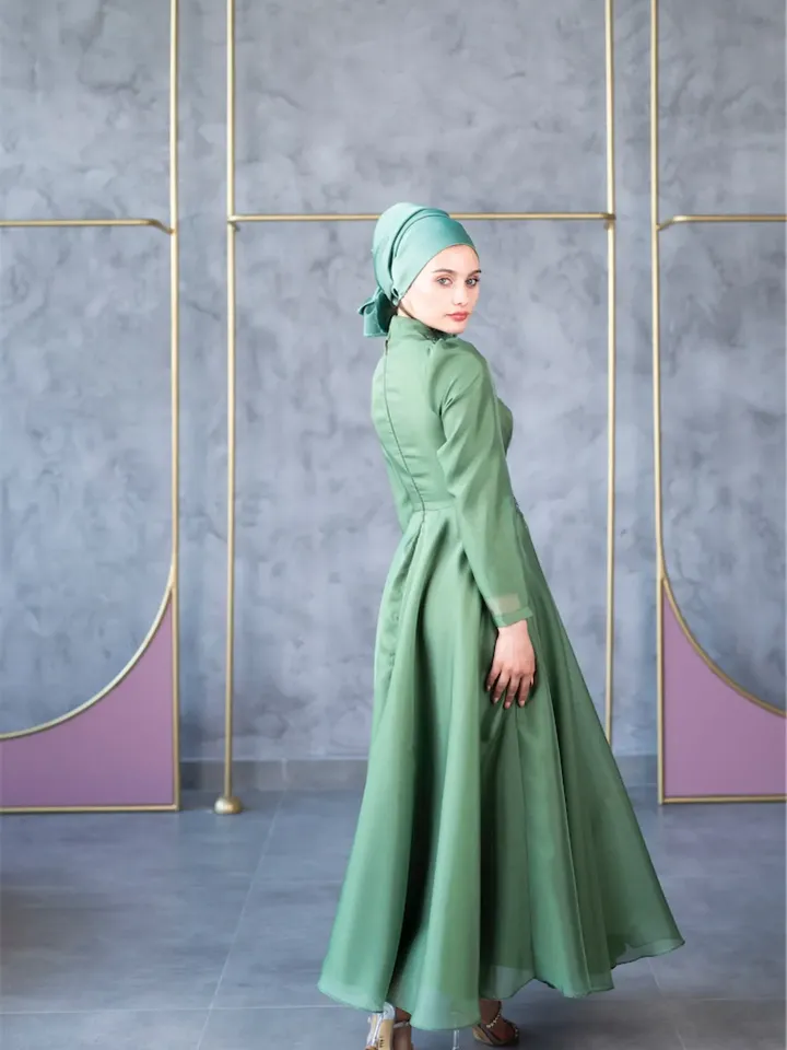 AHUNARE HIJAB - Mimoza Green Embroidered Wedding Dress, Muslim Evening Gown, Nikah, Islamic Wedding, Engagement, Bridesmaid,