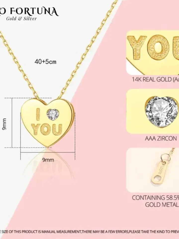 14k Gold Love You Heart Pendant Necklaces Jewellery for Women Gift, Anniversary, Love, Party,, Minimalistic, Casual, Valentines