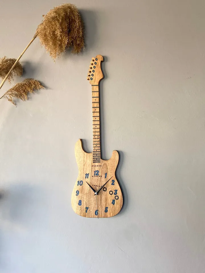 Unique Resin Guitar Walnut Wood Wall Clock, Housewarming Gift First Home, Epoxy Wall Clock, Live Edge Wall Clock