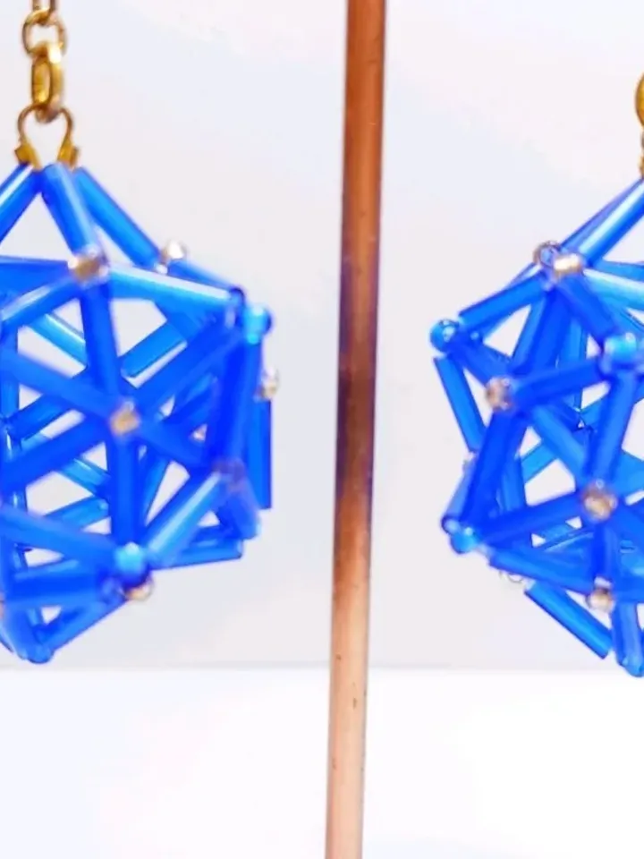 Blue geometric earrings beaded earrings volumetric dangle earrings chain earrings