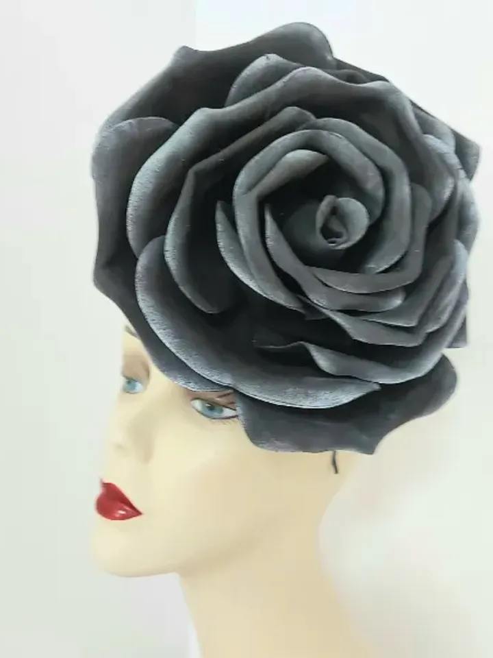 Black Snow Rose Fascinator Magic Flower Hair Clip Wedding Headband Church Hat Halloween Gothic style