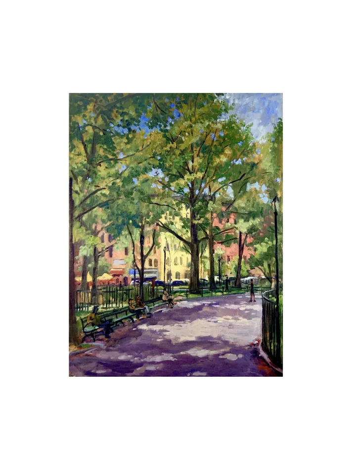 New York Cityscape Painting - From Tompkins Sq Park/East Village NYC - 18x24 Oil on Canvas, New York Impressionist Signed Original Fine Art