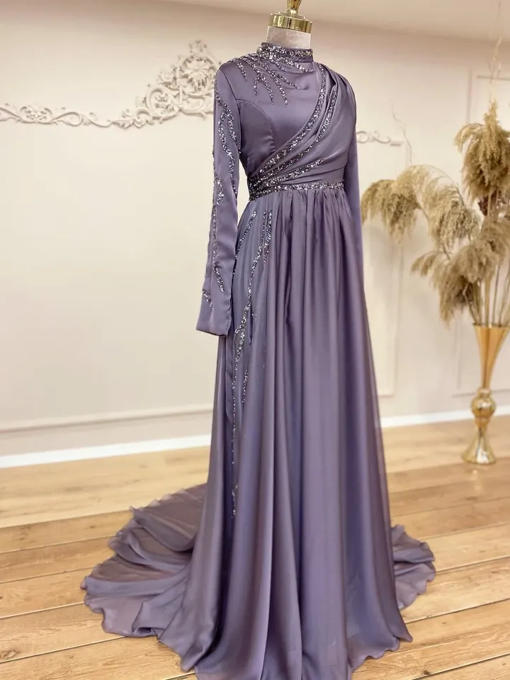 AHUNARE HIJAB - Şura Lilac Chiffon Embroidered Wedding Dress, Muslim Evening Gown, Nikah, Islamic Wedding, Engagement, Bridesmaid,