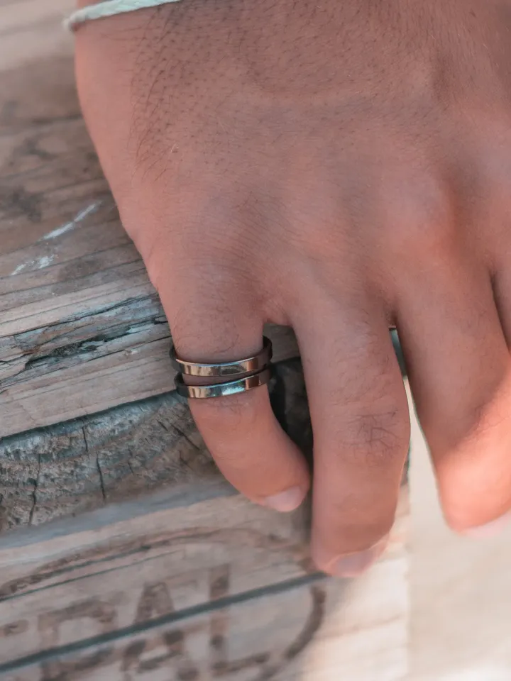Mens Rings, Open Parallel Ring Adjustable, Minimalist Silver Black Stacking Geometric Double Band Ring, Boyfriend Husband Dad Gifts