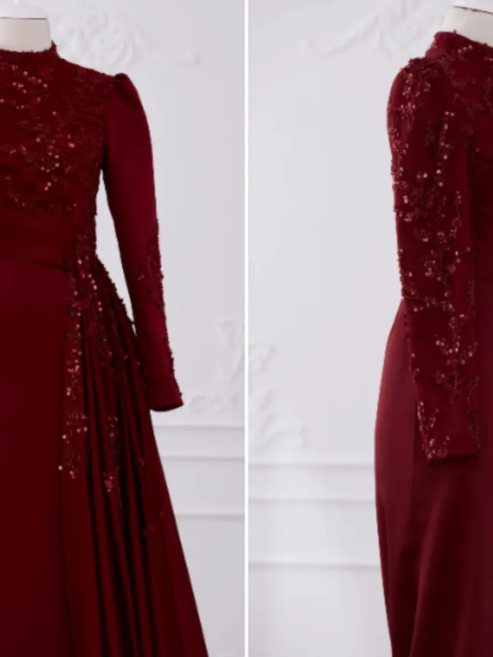 Tılsım Ahunare Burgundy Satin Wedding Dress, Muslim Evening Gown, Nikah, Islamic Wedding, Engagement, Bridesmaid, Maxi Dress