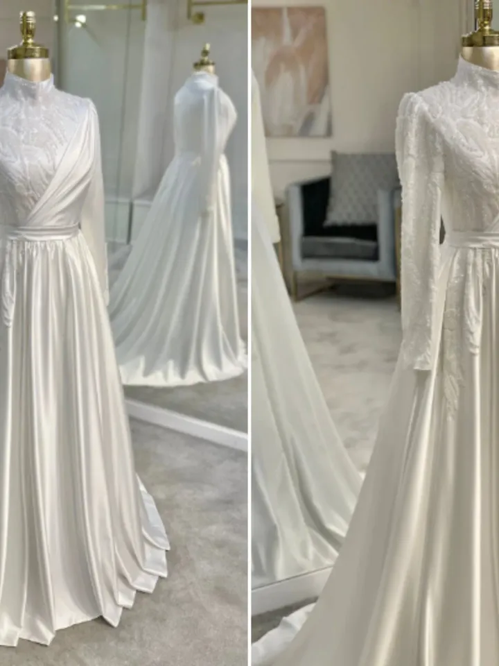 AHUNARE HIJAB - Lara White Satin Embroidered Wedding Dress, Muslim Evening Gown, Nikah, Islamic Wedding, Engagement, Bridesmaid,