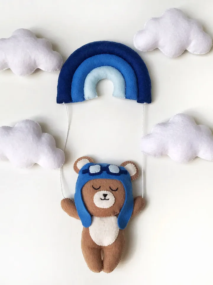 Pilot bear baby mobile. Airplane mobile for travel nursery. Rainbow mobile boy. Adventure nursery decor. Woodland mobile