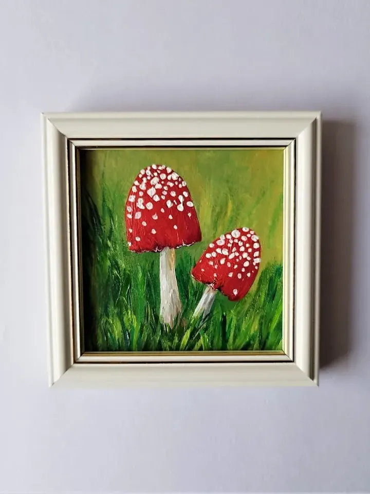 Mushroom art painting, Cute mushroom paintings, Toadstool picture, 2 mushrooms, Painting impasto