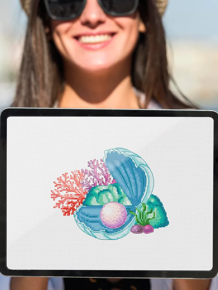 Pearl Cross Stitch Pattern, Sea Counted Cross Stitch Chart, Pearl Watercolor Cross Stitch Pattern, Clam Cross Stitch Pattern, PDF Download