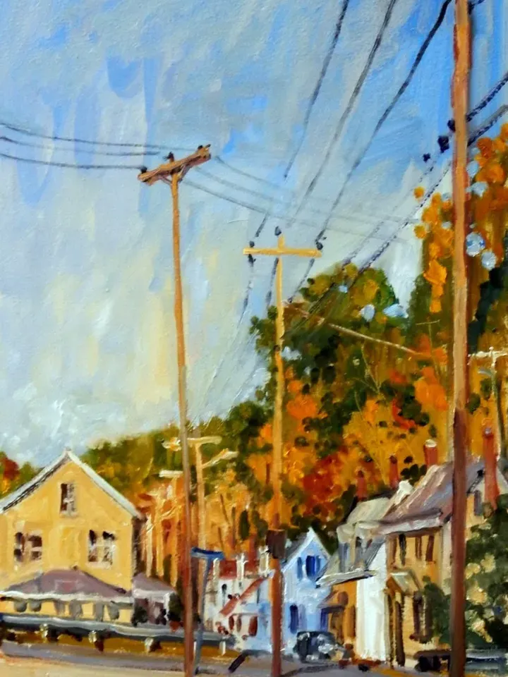 10x20 Autumn Landscape Painting -Houses and Poles/Berkshires- Oil on Panel, American Plein Air Impressionist Fine Art, Signed Original