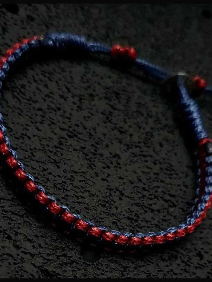 Dark Red and Blue Minimalist Bracelet with Silver Button, Adjustable Closured Wristlet, Stylish Valentine's Present for Men, Macrame art