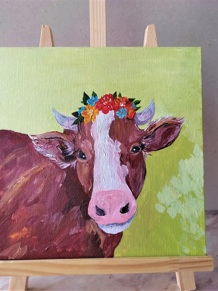 Cow painting Animal painting wall decor Cow flower crown original painting artwork Cute cow portrait impasto painting
