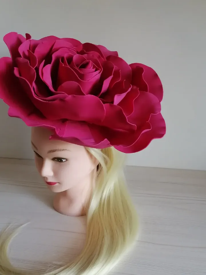 Big Rose Derby hat Wedding Fascinator 13" Bridal Headband crimson giant flowers Hair Clip Vintage hairpins