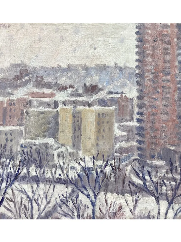 Original New York Winter Cityscape Painting - Snow Storm/Bronx NYC - 8x8 Oil on panel, Urban Impressionist Landscape, American Fine Art