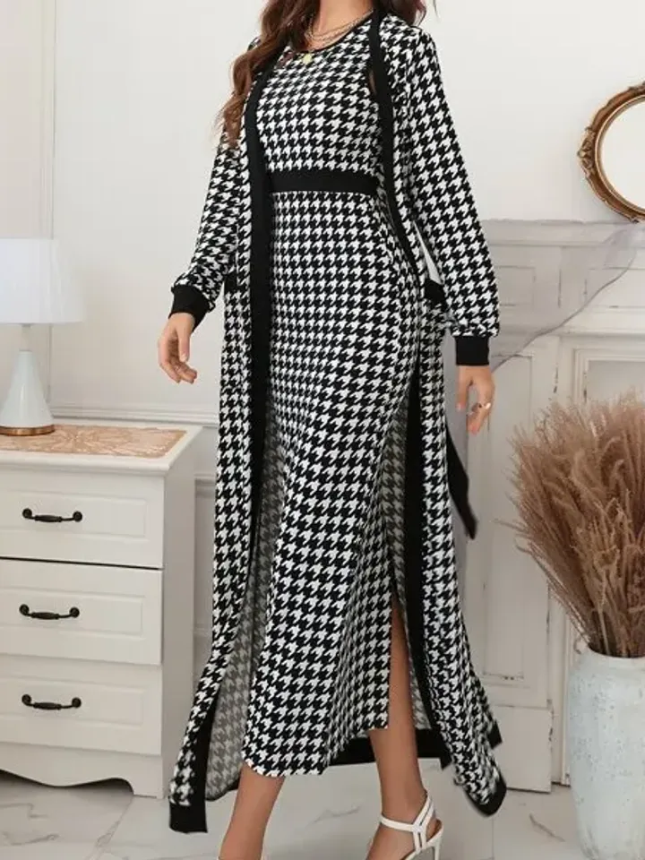 2Pc Set Co-Ord Houndstooth Open Front Pocket Belted Cardigan Coat & Pencil Dress
