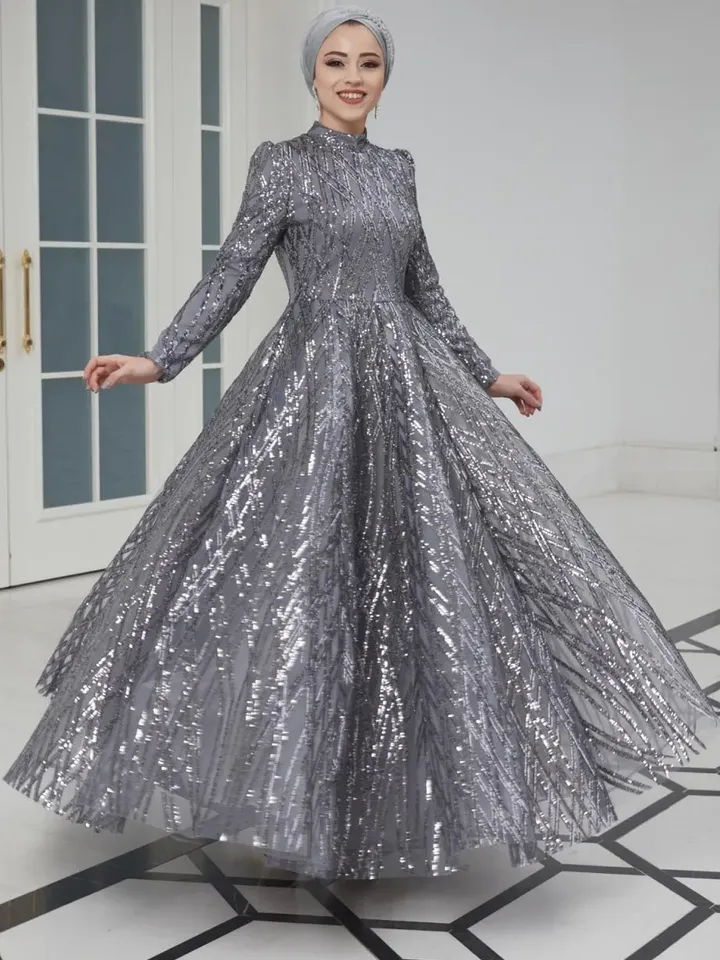 AHUNARE HIJAB - Prenses Grey Embroidered Wedding Dress, Muslim Evening Gown, Nikah, Islamic Wedding, Engagement, Bridesmaid,