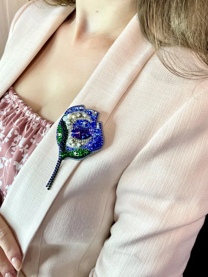 Beaded Flower Brooch, Handmade Embroidered Accessory, Pin Blossom in Blue Color with Half-moon Crescent, Moon Brooch