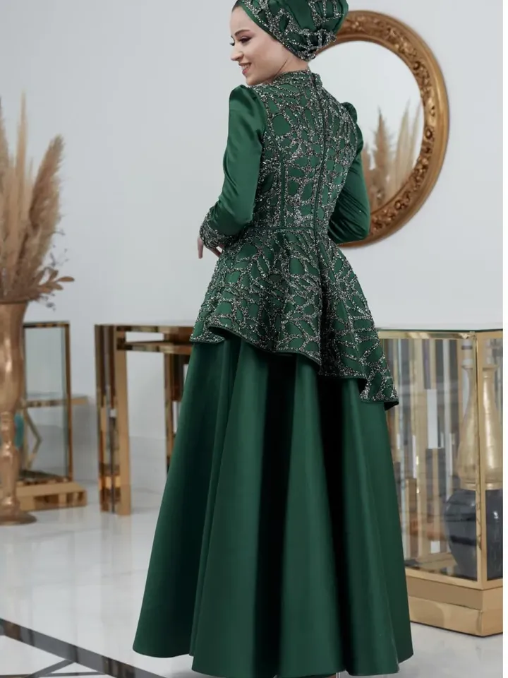 AHUNARE HIJAB - Hürrem  Green Embroidered Wedding Dress, Muslim Evening Gown, Nikah, Islamic Wedding, Engagement, Bridesmaid,