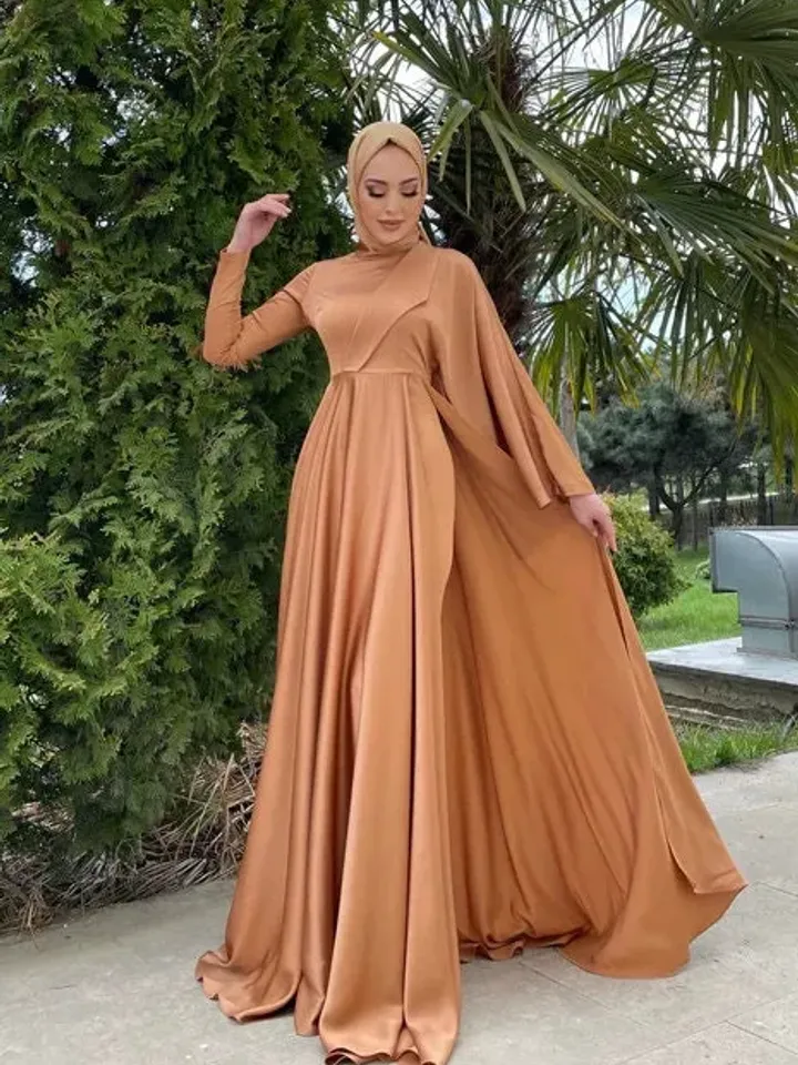 AHUNARE HIJAB - Feraye Orange Satin Wedding Dress, Muslim Evening Gown, Nikah, Islamic Wedding, Engagement, Bridesmaid,
