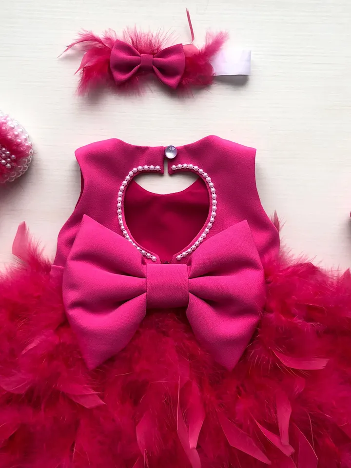 Fuchsia dress with feathers and pearls, booties, panties and headband. First birthday dress. Flower girl dress. Take home outfit for girl.