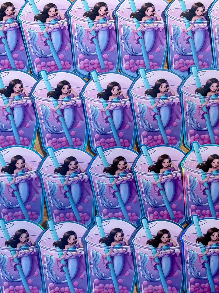 Kawaii Boba Tea Mermaid Princess Holographic Sticker | Hydroflask Sticker | Laptop Sticker | Phone Sticker | Small Gift | Kids Gift |Glitter